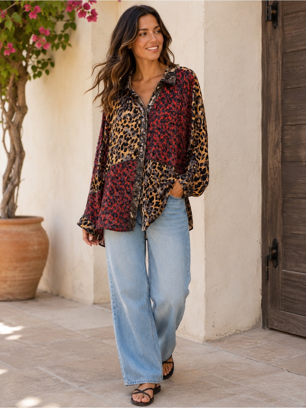 Ali Miles Red and Gold Mixed Animal Print Velvet Top